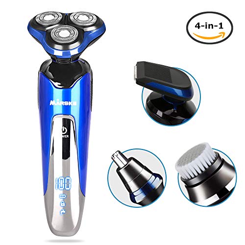 Afeitadora Eléctrica Hombre, Maquina Afeitar Barba Rotativa inalámbrica Impermeable 4 en 1 Uso Seco y Húmedo, Cabezales Giratorios 4D, LED Indicador, Cepillo Facial, Recortador Barba, Patilla, Nariz