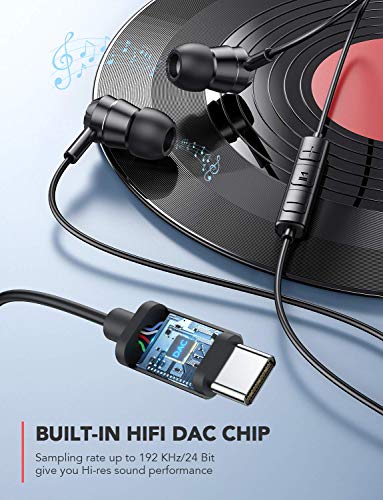 AGPTEK Auriculares USB Tipo C In-Ear Sonido Estéreo con Micrófono y Control de Volumen, Compatible con iPad Pro, Huawei P30/P20/Mate20, Xiaomi Mi 5/6/8/9, Negro