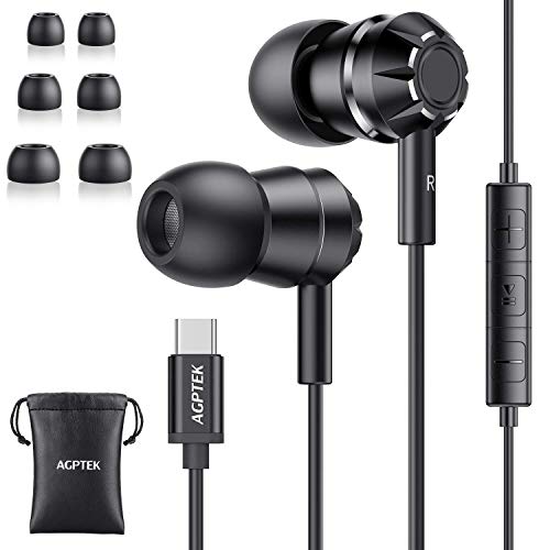 AGPTEK Auriculares USB Tipo C In-Ear Sonido Estéreo con Micrófono y Control de Volumen, Compatible con iPad Pro, Huawei P30/P20/Mate20, Xiaomi Mi 5/6/8/9, Negro