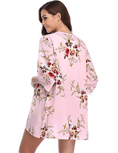 Aibrou Mujer Chal Flojo Cárdigan Kimono Florales, Manga 3/4 Tops Blusa Floral Suelta Casual Boho Style Capas(Rosa Claro M)