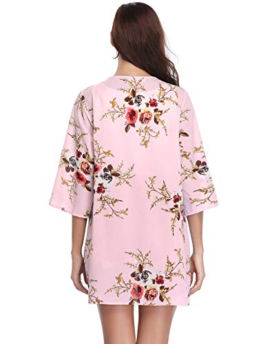 Aibrou Mujer Chal Flojo Cárdigan Kimono Florales, Manga 3/4 Tops Blusa Floral Suelta Casual Boho Style Capas(Rosa Claro M)