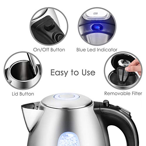 Aigostar Queen - Hervidor de Agua Eléctrico, con iluminación led, 1,7 litros, Libre de BPA, Acero Inoxidable, Filtro Antical, Sistema de protección contra la ebullición en seco, 2200W, Diseño exclusivo.
