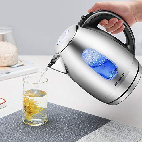 Aigostar Queen - Hervidor de Agua Eléctrico, con iluminación led, 1,7 litros, Libre de BPA, Acero Inoxidable, Filtro Antical, Sistema de protección contra la ebullición en seco, 2200W, Diseño exclusivo.