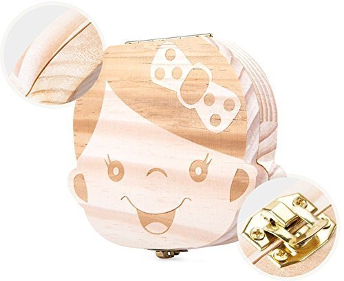 AIUIN 1X Madera de Caja Almacenamiento de Dientes Leches Caja de Recién Nacidos Recuerdo para Little Nephew Versión Regalos Español（Contiene pinzas pequeñas） (Niña)