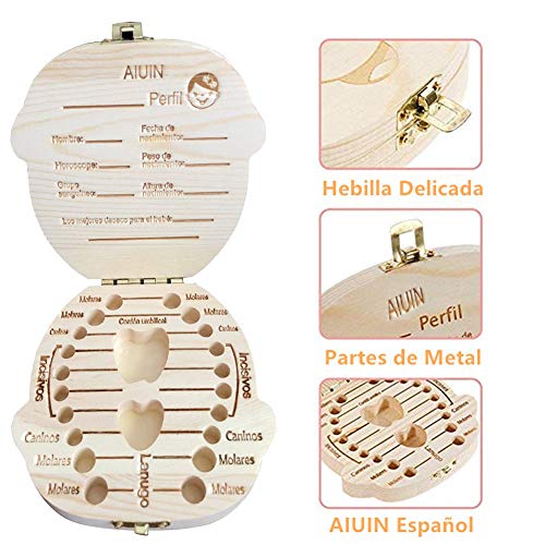 AIUIN 1X Madera de Caja Almacenamiento de Dientes Leches Caja de Recién Nacidos Recuerdo para Little Nephew Versión Regalos Español（Contiene pinzas pequeñas） (Niña)