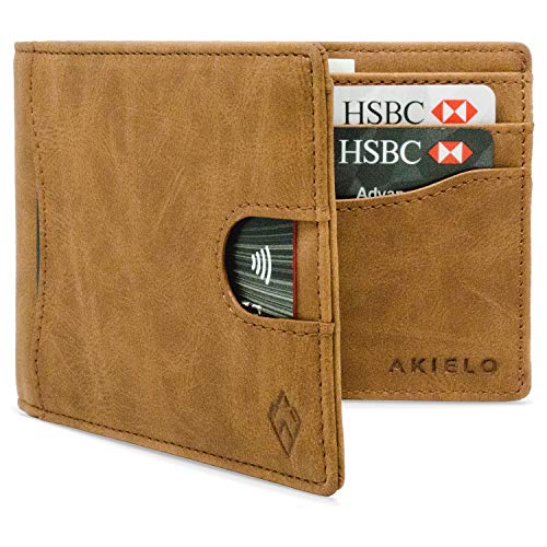 AKIELO Cartera – Billetera plegable para hombre con pestaña de tirón – RFID cartera para tarjetas de bloqueo Beige 3. Edición Tan talla única