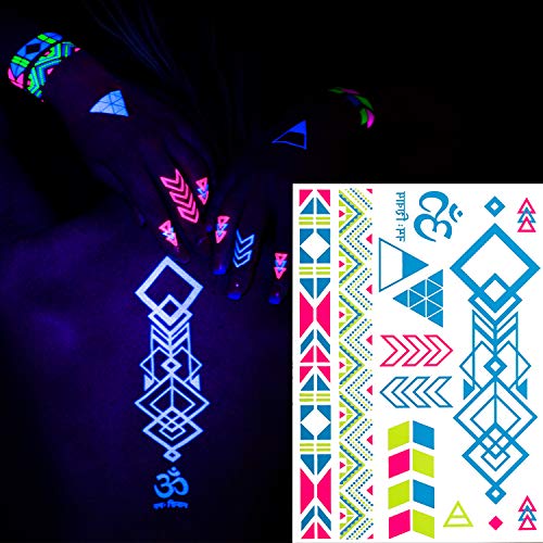 AKTIIV® Kit Tatuajes Temporales | Hakuna Matata Edición | 5 x Hojas A5 de Diseños de Neon | Ideal para Fiestas y Festivales de Niños, Adultos, Mujeres, Hombres | Brilla en luz Ultravioleta | Unisex