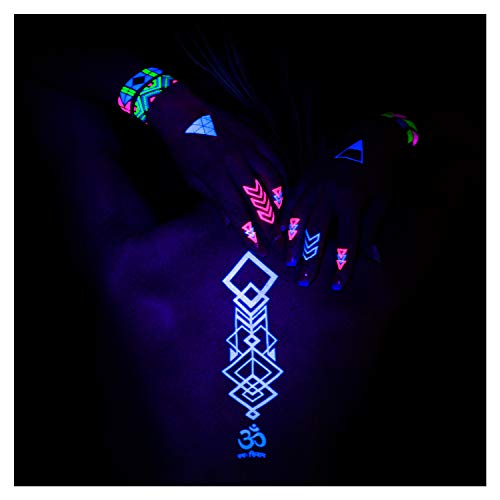 AKTIIV® Kit Tatuajes Temporales | Hakuna Matata Edición | 5 x Hojas A5 de Diseños de Neon | Ideal para Fiestas y Festivales de Niños, Adultos, Mujeres, Hombres | Brilla en luz Ultravioleta | Unisex