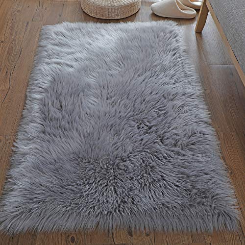 Alfombra de imitación de piel de cordero, artificial Alfombra, excelente piel sintética de calidad alfombra de lana ，Adecuado para salón dormitorio baño sofá silla cojín (Gris, 75x120cm)