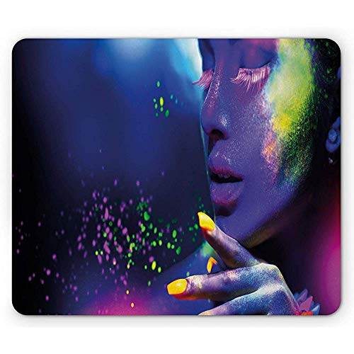 Alfombrilla de ratón Colorida, de una Mujer con los Ojos Cerrados y Maquillaje Inusual Ilustraciones Modernas, Goma Antideslizante, 25x30cm Azul Oscuro