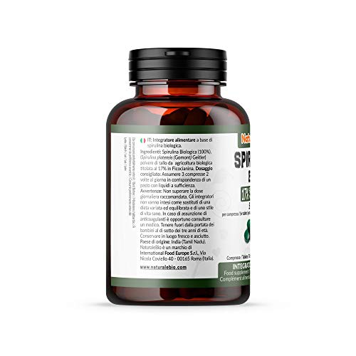 Alga Espirulina Ecológica en Comprimidos de 500mg (500 Tabletas). 100% Orgánica, Natural y Pura, Ficocianina 17%. Cultivada en India en Tamil Nadu. Apto para vegetarianos y veganos. NATURALEBIO