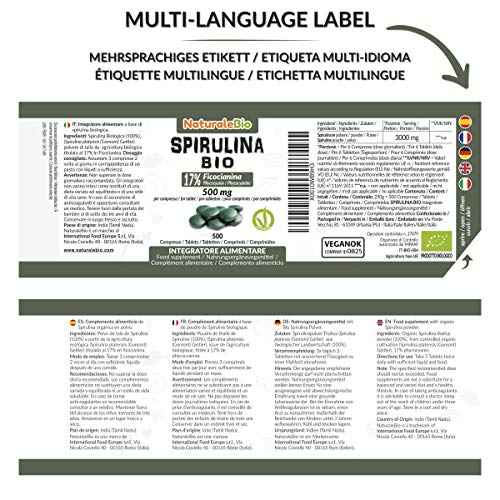 Alga Espirulina Ecológica en Comprimidos de 500mg (500 Tabletas). 100% Orgánica, Natural y Pura, Ficocianina 17%. Cultivada en India en Tamil Nadu. Apto para vegetarianos y veganos. NATURALEBIO