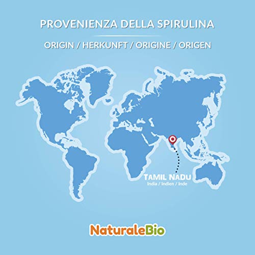 Alga Espirulina Ecológica en Comprimidos de 500mg (500 Tabletas). 100% Orgánica, Natural y Pura, Ficocianina 17%. Cultivada en India en Tamil Nadu. Apto para vegetarianos y veganos. NATURALEBIO
