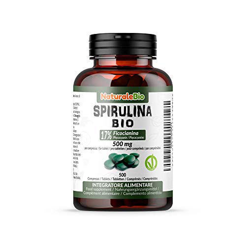 Alga Espirulina Ecológica en Comprimidos de 500mg (500 Tabletas). 100% Orgánica, Natural y Pura, Ficocianina 17%. Cultivada en India en Tamil Nadu. Apto para vegetarianos y veganos. NATURALEBIO