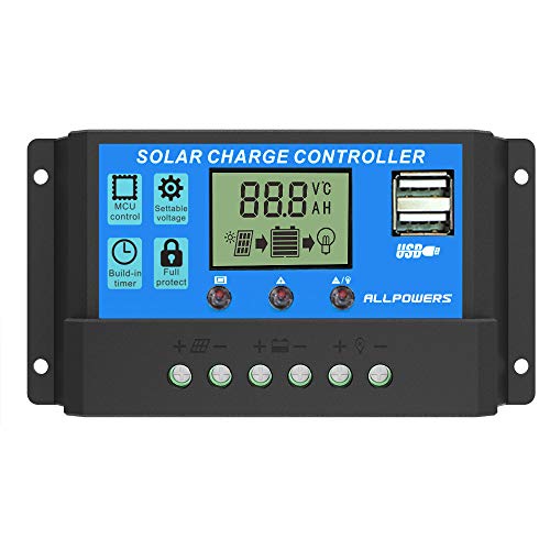 ALLPOWERS 12V-24V Controlador Carga Inteligente Panel Solar 20A Parte USB, Pantalla LED