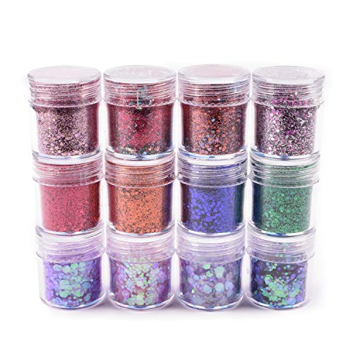 Allwon Body Glitter Festival de cosméticos Chunky Glitter Lentejuelas Escamas iridiscentes Destellos para el Arte de uñas de Cara, Cuerpo y Cabello, 12 Colores