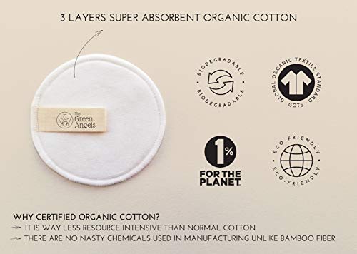 Almohadillas Reutilizables Desmaquillante 16 Redondos de Algodón Orgánico, Lavable, Ecológico, Para todos los tipos de Piel: Bebé, Mujeres y Hombres Limpiador de Caras, Desmaquillador