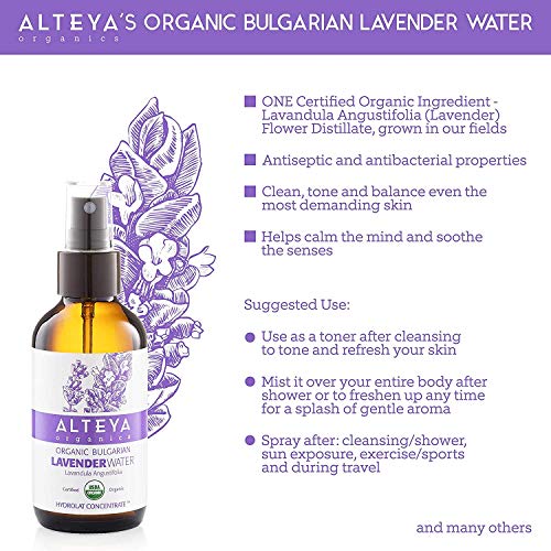 Alteya Organic - Agua de lavanda, orgánica – Certificado por USDA - Auténtica agua de flor natural pura destilada al vapor - Pulverizador, 240 ml
