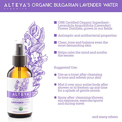 Alteya Orgánico Lavanda Agua Spray 120 ml - 100% USDA certificado orgánico Auténtico Natural Flor Agua Vapor destilado y vendido directamente por el Lavender Grower Alteya Organics
