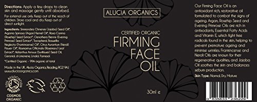 Alucia Organics aceite de cara reafirmante (Firming Face Oil) orgánico certificado 30 ml: un potente aceite antiedad con aceites orgánicos de jojoba, argán, rosa mosqueta y onagra