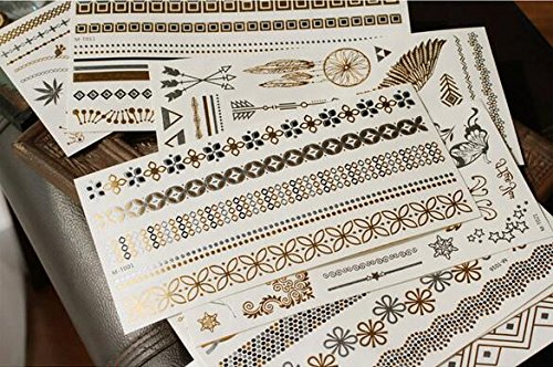 Amaoma 6 hojas 70 patrones metal oro pantalla caliente Silberne tatuaje adhesivo resistente al agua de largo de venta Tattoo Flash Tatuajes temporales dorada Pegatinas