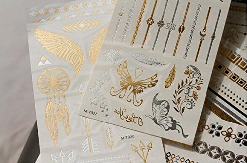 Amaoma 6 hojas 70 patrones metal oro pantalla caliente Silberne tatuaje adhesivo resistente al agua de largo de venta Tattoo Flash Tatuajes temporales dorada Pegatinas