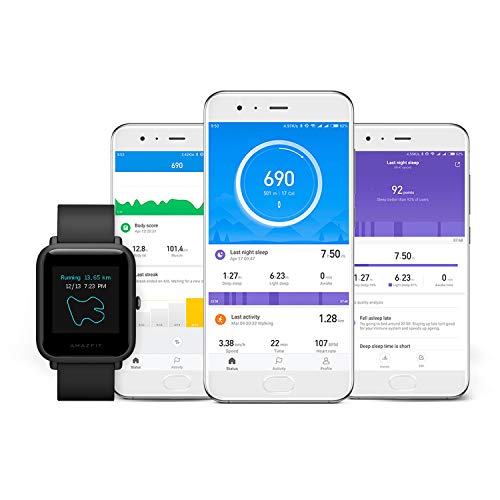 Amazfit Bip Smartwatch por Huami con frecuencia cardíaca Todo el día y Seguimiento de la Actividad, monitoreo del sueño, GPS, batería de Larga duración, Bluetooth, IP68 Resistente al Agua (Negro)