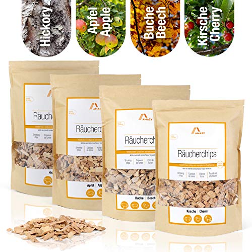 Amazy Astillas para ahumar (Set de 4) – Virutas para ahumar aromáticas en los 4 sabores tradiconales – Nogal, Haya, Manzana y Cerezo – Sabor de Ahumado Ideal para Asar, barbacoas o Fumar | 4 x 1000g