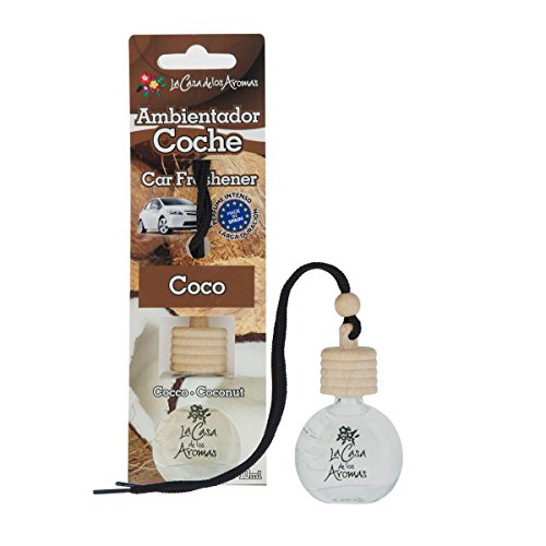 Ambientador Coche a Colgar Aroma, Botella 10 ml de líquido para Coche, tapón de Madera, Fabricado en España (Coco)
