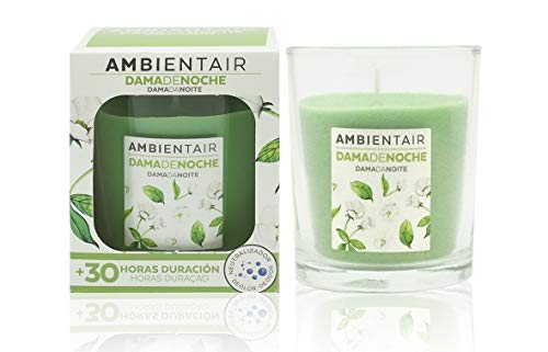 Ambientair. Vela aromática Dama de Noche. Vela perfumada con Cera Vegetal y Perfume Natural. Duración Estimada de 30 Horas. Disfruta de la aromaterapia en tu casa con Esta Vela en Vaso de Cristal