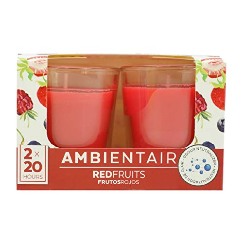 Ambientair. Velas aromáticas Aroma Frutos Rojos. Dos Unidades. Velas perfumadas con Cera Vegetal y Perfume Natural con una duración Estimada de 20 Horas Cada una.