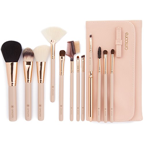 amoore 12 pcs Brochas de Maquillaje para Base Colorete Sombra de Ojos Cejas Pestaña y Labios (12 Pcs, Desnudo)