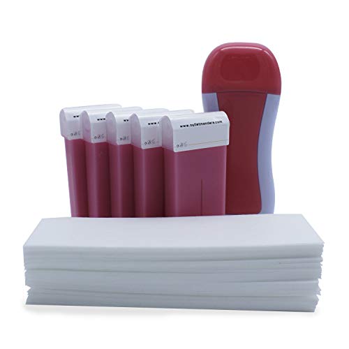 ANA MANDARA - Pack ahorro depilación - Calentador Roll On | 5 Cartuchos Roll On FRESA 100 ml | 100 Bandas depilatorias