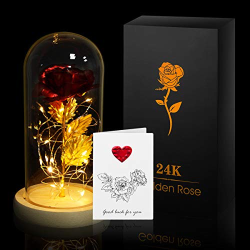 ANBET Hoja de Oro 24K Rosa en Cubierta de Vidrio, Bella y la Bestia Rose en Glass Dome Rosa eterna LED Light para el Regalo de Bodas de Aniversario de San Valentín