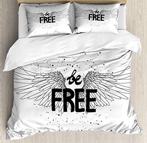 Angel Wings Juego de funda de edredón de 4 piezas de microfibra con cierre de cremallera y lazos de esquina, King Be Free Message Lifestyle Tattoo Style Slogan Concept Art Illustration, blanco y negro