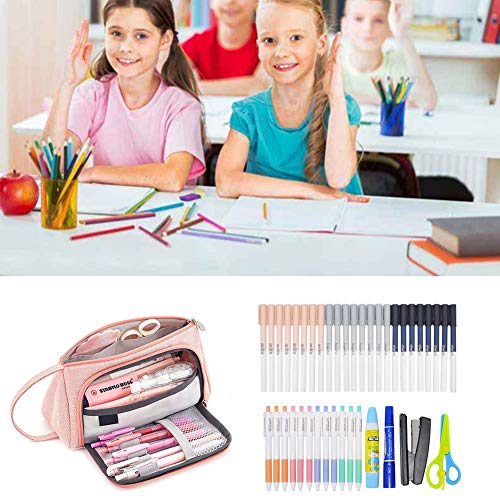 Angker - Estuche de lona de colores para guardar bolígrafos, bolígrafos, papelería, bolsa de papelería, soporte para oficina, colegio, estudiantes, mujeres, adolescentes, regalo de Navidad, color rosa