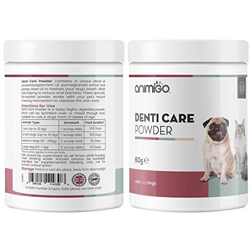 Animigo Polvos Cuidado Dental para Perros y Gatos | Suplemento Polvo para Higiene Bucal de Mascotas | Cuida Dientes, Encías y Refresca el Aliento | con Algas Marinas, Hierbabuena y Granada | 60gr