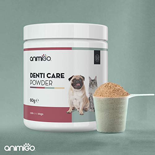 Animigo Polvos Cuidado Dental para Perros y Gatos | Suplemento Polvo para Higiene Bucal de Mascotas | Cuida Dientes, Encías y Refresca el Aliento | con Algas Marinas, Hierbabuena y Granada | 60gr