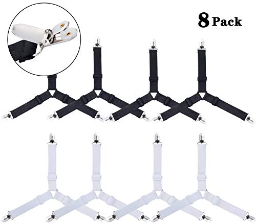 Annhao 8 Piezas Sujetadores para Sábanas, Sujetadores de Hojas, Clips de Hoja,Ajustables Elásticos Correas Cama Clips para Sábana Bajera Fundas de Colchón Sofá (Blanco y Negro)