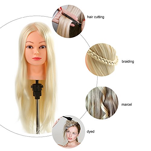 Anself Maniquí de cabeza de cabello largo,30% 66cm pelo humano,color amarillo claro(con soporte),para aprendizaje prácticas de peluquerías