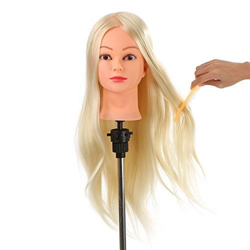 Anself Maniquí de cabeza de cabello largo,30% 66cm pelo humano,color amarillo claro(con soporte),para aprendizaje prácticas de peluquerías