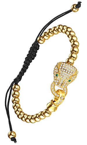 Aoiy - Pulsera de Las Mujeres de Acero Inoxidable, Cuentas de Acero Inoxidable y Ojo Verde Leopardo Circonita, Color Dorado, qqb002ji