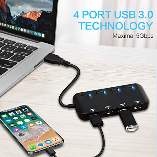 APANAGE USB 3.0 Hub, 4-Puerto USB 3.0 Hub, 5 Gbits Transferencia de Datos con Interruptor de Encendido Individual y Leds para Windows XP/Vista/7/8/8.1/10, Mac OS X, Linux