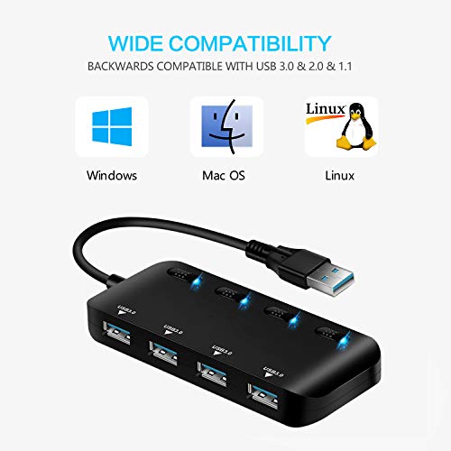 APANAGE USB 3.0 Hub, 4-Puerto USB 3.0 Hub, 5 Gbits Transferencia de Datos con Interruptor de Encendido Individual y Leds para Windows XP/Vista/7/8/8.1/10, Mac OS X, Linux