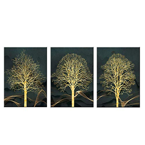 Árbol de oro abstracto Fondo verde Lienzo Pintura Cartel moderno Impresión Sala de estar Pared decorativa 40x60cm