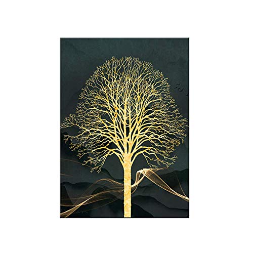 Árbol de oro abstracto Fondo verde Lienzo Pintura Cartel moderno Impresión Sala de estar Pared decorativa 40x60cm