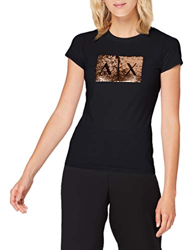 Armani Exchange Basic T-Shirt Logo On Bust Camiseta, Black with Gold, L para Mujer