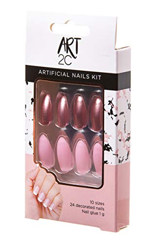 Art 2C - Kit de uñas postizas con pegamento fáciles de poner y quitar, 24 uñas decoradas, 10 tamaños, mate y rosa cromado (044)
