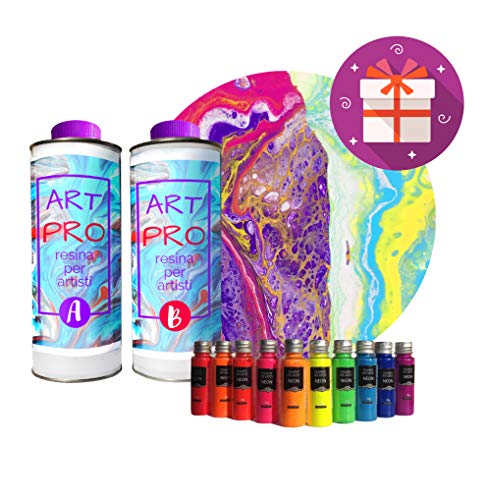 Art Pro Resina Transparente para Artistas DE 1,6 KG + Kit DE 10 PIGMENTOS NEÓN. Ideal para POUR Pintar Y RESINAR-Arte