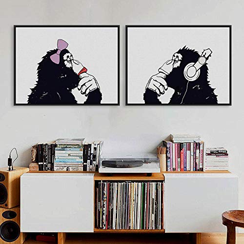 ArtWuDecor Moderno Negro Blanco Animales Gorila Pareja Pintura Lienzo Arte impresión Cartel Dibujos Animados Pared Arte Imagen para decoración del hogar 40x60cmx2 sin Marco